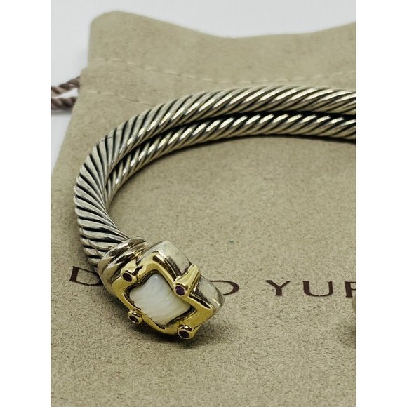 David Yurman Double Cable Sterling 18K Quatrefoil Carved Mother Pearl Bracelet - Picture 2 of 10